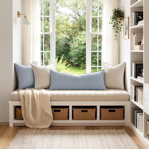 MIULEE 장식용 리넨 요추 베개 커버 35.6x91.4cm 라이트 블루 | Boho Farmhouse 소파 침대용 롱 스로우 베개, 액센트 코스탈 모던 베개 커버 1팩, 소파 거실 홈 데코 - color: 라이트 블루, size: 36" x 14" (Pack of 1)