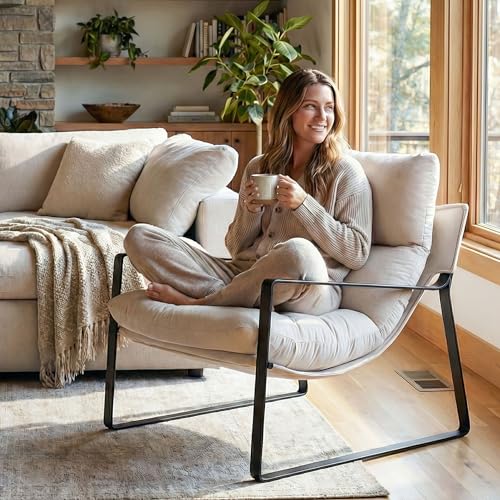 LukeAlon Modern Linen Accent Armchair, White | Linen Upholstered Living Room Chair With Metal Base & Thickened Cushion, Comfy Single Lounge Sofa for Bedroom, Office - color: White