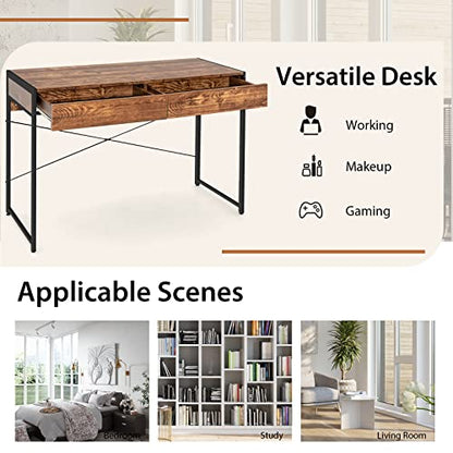 Tangkula Computer Desk with 2 Drawers, 44" Study Writing Table w/Heavy-Duty Steel Frame & Reinforced Structure, PC Desk with Storage for Home Office (Coffee) - color: Coffee