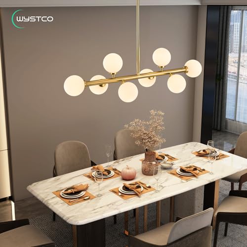 Mid Century Modern Globe Sputnik Chandelier, 8-Light Linear Chandeliers for Dining Room and Kitchen Island, Dining Light Fixture Over Table, Brass Gold and Milk White Glass Bubble, 32 Inch - color: Gold Milk White, size: 8-Light 32 Inch