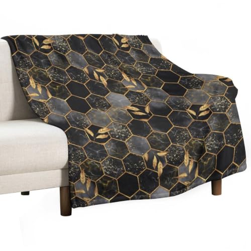 Marble Throw Blanket Black Honeycomb Grid Golden Leaves Pattern Soft Lightweight Warm Plush Blankets for Sofa Bedroom 60"x80" - color: Marble-10, size: 60"x80"