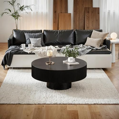 Round Fluted Coffee Table Handcrafted Relief Drum End Table | Mid Century Modern Drum Coffee Tables Rustic Industrial Wood Center Table for Apartment Living Room - color: Black Round Thick