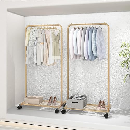 Simple Trending Clothes Garment Rack, Clothing Rack, Golden Yellow | Commercial Portable Closet with Mesh Storage Shelf, Anti-Slip Stoppers, 360° Wheels, Bedroom, Laundry Room - size: Single Shelf