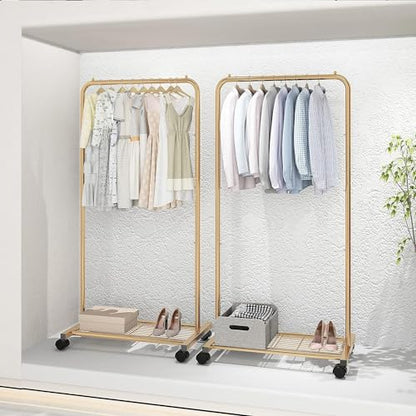 Simple Trending Clothes Garment Rack, Clothing Rack, Golden Yellow | Commercial Portable Closet with Mesh Storage Shelf, Anti-Slip Stoppers, 360° Wheels, Bedroom, Laundry Room - size: Single Shelf