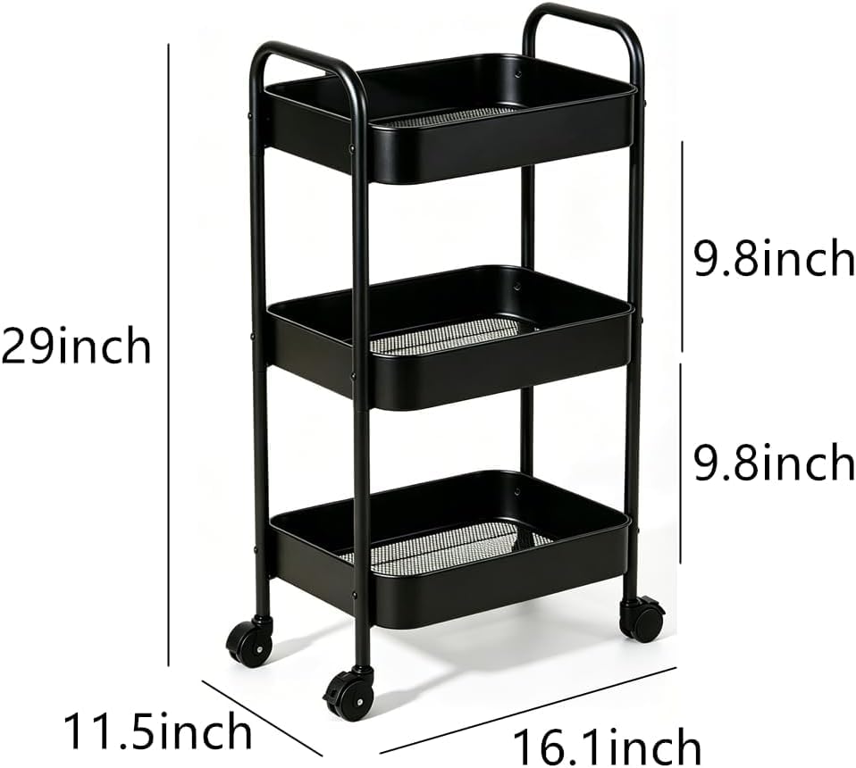 Multifunctional Rolling Utility Cart, 3-Tier Wheeled Storage Organizer with Brakes, Portable Shelving Unit for Home & Office Black