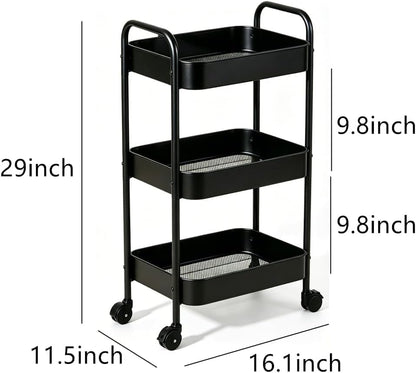 Multifunctional Rolling Utility Cart, 3-Tier Wheeled Storage Organizer with Brakes, Portable Shelving Unit for Home & Office Black