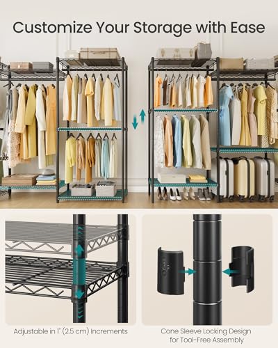 SONGMICS Heavy-Duty Clothes Rack, Garment Rack, Portable Closet, 86.4-Inch Wide Clothing Rack with Adjustable Mesh Shelves and Hanging Rails, Ink Black ULGR434B01 - color: Ink Black, size: 86.4"L x 76"H, style: Without Fabric Cover
