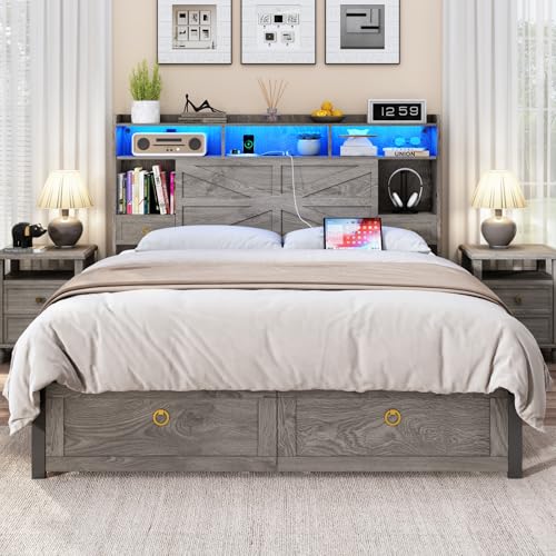 TIGUBFRE Full Bed Frame with Storage Headboard, Farmhouse Wood Bed Frame Full Size with 4 Drawers, LED Light & Charging Station, Metal Slats Support, Noise Free, No Box Spring Needed, Rustic Gray - color: Rustic Grey, size: Full