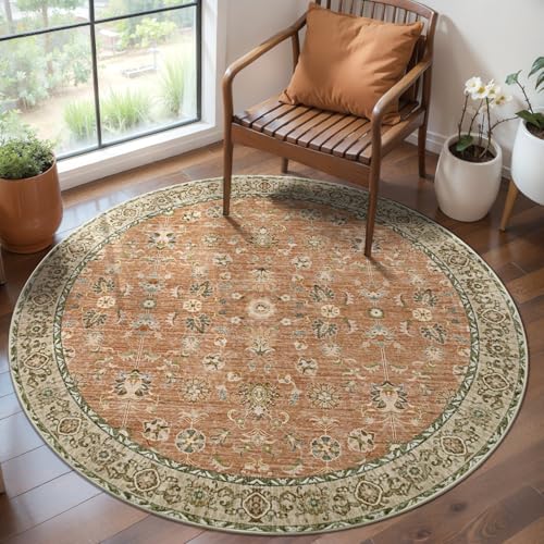 Tangsoo Vintage Round Rug 4ft Washable Circle Rug,Non Slip Small Round Rug | Boho Farmhouse Terracotta Floral Circular Rugs,Soft Low Pile Round Carpet for Bedroom,Entryway,Nursery,Dorm,Kitchen,Office - color: Terracotta Tangerine, size: 4' X 4' (Round)
