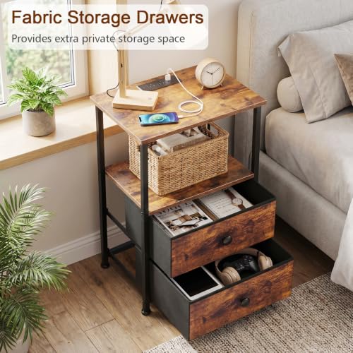Nightstands Set of 2, Night Stand with Charging Station | Bedside Table with 2 Fabric Drawers for Bedroom, End Tables with Storage Shelf for Small Spaces, Rustic Brown - color: Rustic Brown, style: Power