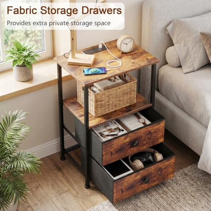 Nightstands Set of 2, Night Stand with Charging Station | Bedside Table with 2 Fabric Drawers for Bedroom, End Tables with Storage Shelf for Small Spaces, Rustic Brown - color: Rustic Brown, style: Power