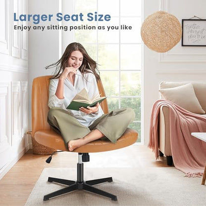 DUMOS Criss Cross Chair, Cross Legged Vanity Chair No Wheels, Faux Leather | Wide Seat, Armless Height Adjustable, Swivel Task Computer Desk, For Home Office Study, Brown PU - color: Brown Pu