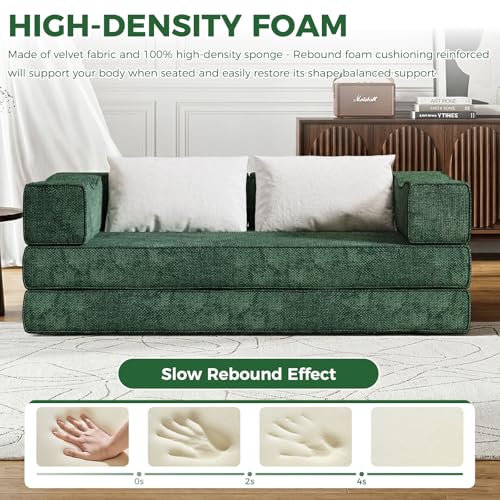 80" King Size Convertible Folding Sofa Bed, Loveseat for Small Spaces | Futon Couch with Memory Foam & 2 Pillows, Chenille Fabric, Apartment, Sleeper Sofa for Living Room, Studio (Green, 80in)