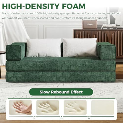 80" King Size Convertible Folding Sofa Bed, Loveseat for Small Spaces | Futon Couch with Memory Foam & 2 Pillows, Chenille Fabric, Apartment, Sleeper Sofa for Living Room, Studio (Green, 80in)