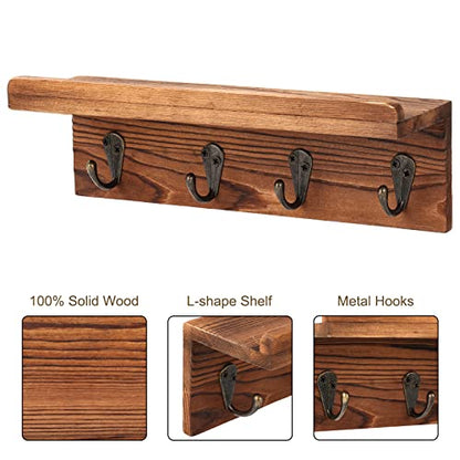 HRONRAD Rustic Key Holder for Wall, Farmhouse Wall Shelf with 4 Hooks, Wall Mounted Key Racks, Wooden Mail Organizer with Hooks for Entryway (Brown - Pine) - color: Brown - Pine