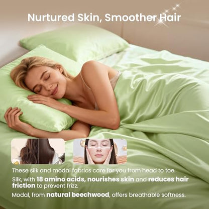 THXSILK Luxury Full Silk Duvet Cover Set 3 Pieces, Extra Soft, Breathable & Cooling Bedding Set, Machine Washable & Durable, 1 Duvet Cover & 2 Pillowcases with Zipper Closure(Mint Green) - color: Mint Green, size: Full (3 pcs)