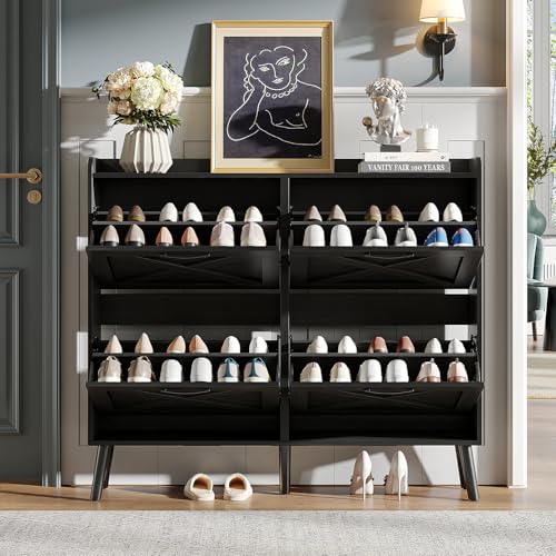 Maupvit Large Shoe Storage Cabinet with 4 Flip Drawers, Narrow Shoe Cabinet for Entryway with Wooden Legs, Freestanding Hidden Shoe Rack Organizer ＆ Metal Hinges, Black - color: Black, style: 4-Drawers