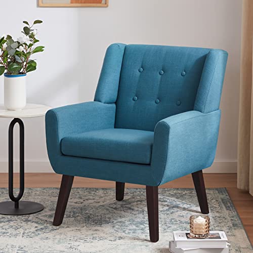 HUIMO Button-Tufted Accent Chairs,Upholstered Reading Living Room Chair,Mid Century Modern Chair with Linen Fabric, Club Chair,Comfy Arm Chairs for Living Room,Bedroom Lake Blue | Mid Century Modern Tufted Armchair with Fabric,Comfy Arm Chairs for Club Li