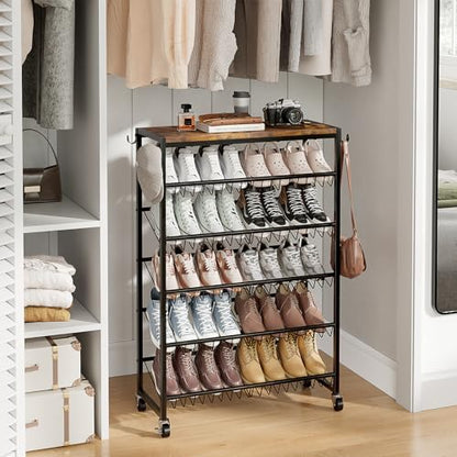 6 Tier Rotating Vertical Shoe Rack Tower, Wooden Shoe Storage Organizer with Hooks, Sturdy Metal Narrow Shoe Shelf for 18-24 Pairs, Vertical Shoe Organizer for Closet Entryway, Rustic Brown - size: 6-tier(27.8 × 11.2 × 38.6)