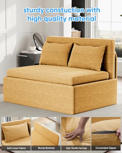 43.3" Twin Size Pull Out Sofa Bed，3-in-1 Linen Convertible Sleeper Sofa Bed,Loveseat Pullout Bed with Pillows and Tri-fold Mattress for Small Space/Bedroom,Yellow - color: Yellow, size: Twin