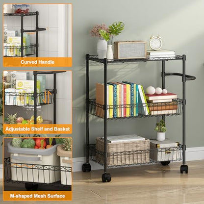 Black 3 Tier Rolling Storage Cart, Metal Wire Kitchen Cart with Baskets & Handle, Utility Trolley on Wheels for Kitchen, Bathroom, Laundry, Pantry & Office - color: Black