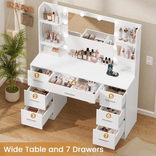 Quimoo Large Vanity Desk with LED Lighted Mirror & Power Outlet,Makeup Vanity Table with 7 Drawers,4 Shelves and 5 Hooks,Vanity Table, Vanity Desk Set for Bedroom,Bathroom,White - color: White 7 Drawers