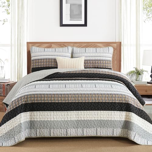 DJY Striped Quilt Set Queen Size, Brown Boho Bedspread Set 3 Pieces Patchwork Coverlet Bedding Set Lightweight Soft Microfiber for All Season (96"x90") - color: Brown, size: Queen