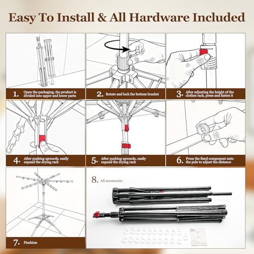Adjustable Collapsible Umbrella Style Clothes Drying Rack, 4Legs6Telescopic Arms, Space-Saving Freestanding Laundry Airer with Windproof Clips, Easy Setup Indoor Outdoor (Black-Carbon Steel) - color: Black-carbon Steel