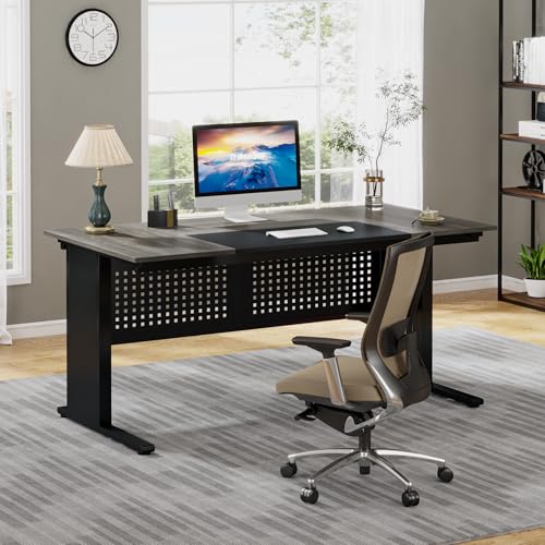 Tribesigns 63 Inch Executive Desk with File Cabinet, Large Office Desk | L Shaped Desk with File Drawer, Computer Table Desk with Storage, Large Desk for Home Office, Easy Assembly, Gray and Black - color: Gray and Black