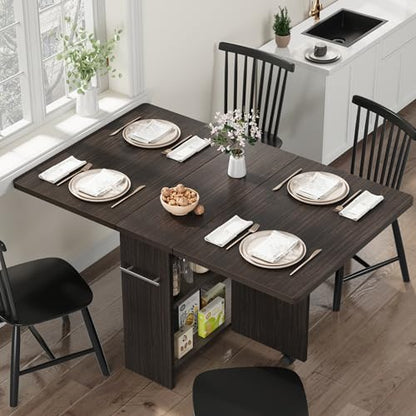 Folding Dining Table with 2-Layer Storage Rack, Drop Leaf Tables, Black | Small Spaces, Foldable Dining Table with 3 Wheels, Kitchen Table, Dining Room - color: Dark Walnut, size: 47.2"D x 23.6"W x 29.5"H