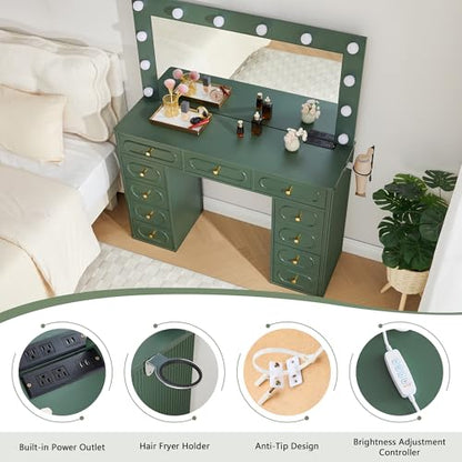 Fluted Vanity Desk with Mirror and Lights, Power Outlets, Modern Wood Vanity Desk Makeup Table with 11 Drawers, 3 Color Modes Dressing Table with Storage for Bedroom, Living Room, Green - style: Green