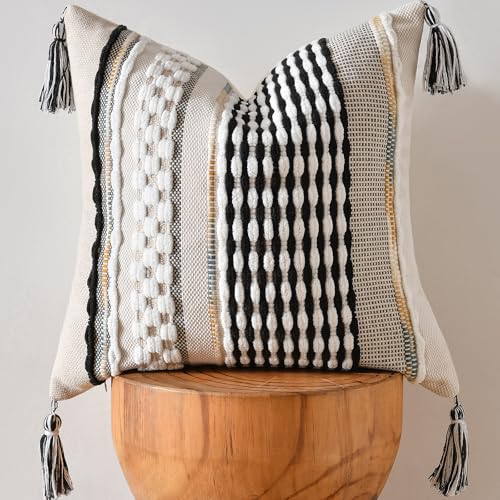 Chenille Striped Textured Boho Throw Pillow Covers Aesthetic with Tassels Woven Decorative Pillow Case for Couch Bed Sofa Bedroom Modern Funky 18 x 18-Inch Black - color: Black, size: 18" x 18" (Pack of 1)