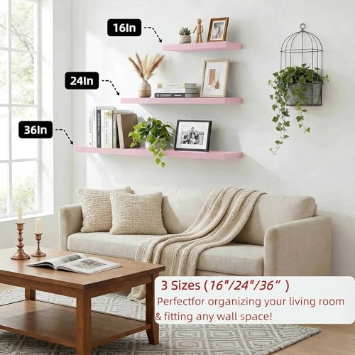 SAUMONIERES Floating Shelves Wall Shelf Solid Wood for Bathroom Bedroom Kitchen Set of 3, Pink Wall Shelves - color: Pink, size: 16 Inch-3 shelves