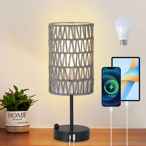 Touch Bedside Lamp For Bedroom with Bulb, Gray Boho Small Table Lamp For Living Room With Rattan & Linen Shade, 3 Way Dimmable Table Lamp For Nightstand With USB Charging Port & Phone Stand For Office - color: Gray