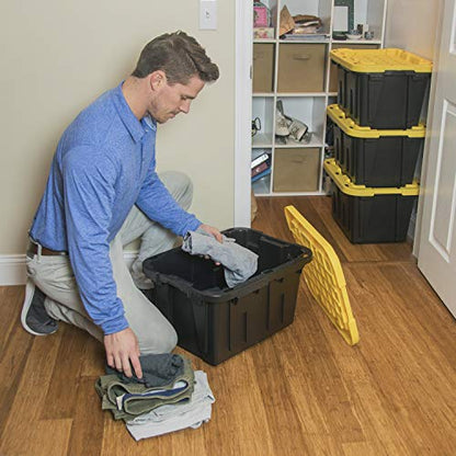 CX Heavy Duty 12-Gallon Stackable Plastic Storage Bins with Lids, 4 Pack | Storage totes for garage organization, Stackable containers, weather-resistant, snap lid, 12.5H x 16.3W x 21.8D, Black/Yellow - size: 12 Gallon