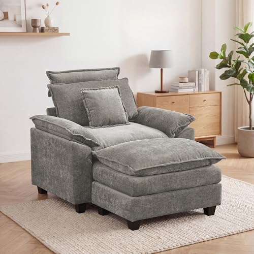 46'' Oversized Chaise Lounge with Ottoman, Cloud Deep Seat Accent Sofa Chair with Detachable Headrest, Double Thicked Cushion Lounge Armchair for Living Room, Bedroom, Light Grey - color: Light Grey, size: Chaise Lounge Chair