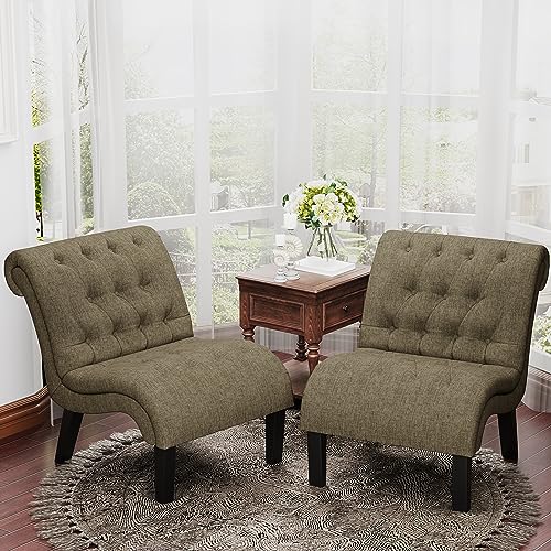 Accent Chairs Set of 2 Modern Armless Living Room Bedroom Side Chairs Button Tufted Upholstered Leisure Chair with Wood Legs - color: Khaki, size: 2 Chairs