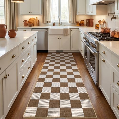 GarveeHome Checkered Light Brown 2x3 Washable Rug Low-Pile Small Door Mat | Terracotta Brown Soft Stain Resistant Rug for Entryway Bedroom Bathroom Kitchen Non-Slip Geometric Modern TPE Backing - color: Terracotta Brown, size: 2' x 3' (Rectangular)