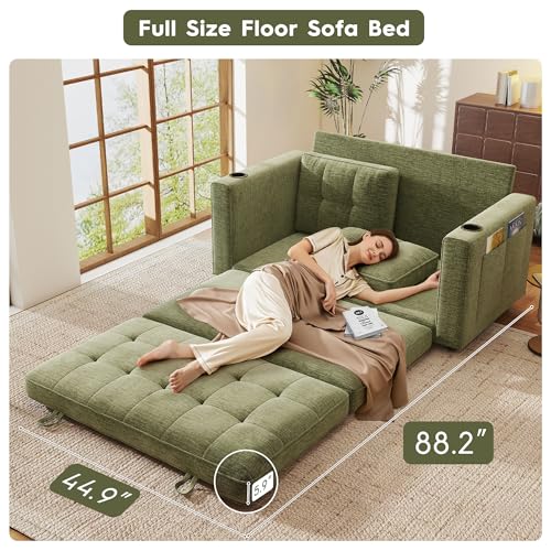 55" Convertible Folding Sofa Bed, Pull Out Couch Love Seat Sleeper Bed, Small Fold Out Loveseat sleeper with Cup Holder and Pillow for Small Space, Bedroom Lounge, Dorm, Living Room(Green Chenille) - color: Green