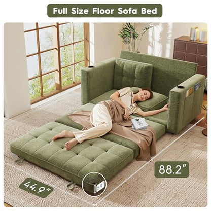 55" Convertible Folding Sofa Bed, Pull Out Couch Love Seat Sleeper Bed, Small Fold Out Loveseat sleeper with Cup Holder and Pillow for Small Space, Bedroom Lounge, Dorm, Living Room(Green Chenille) - color: Green