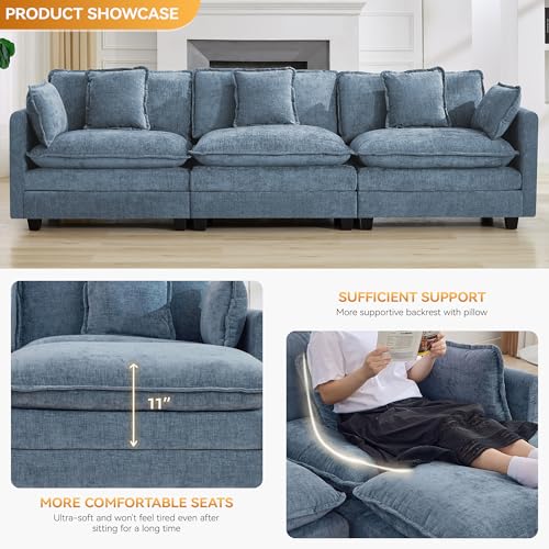 111'' Sectional Cloud Deep Seat Couch, Modern Comfy Chenille Modular Sectional Sofa for Living Room Set, Upholstered Modular 3-Seats Sofa Couch, Blue - color: Blue, size: 111'' 3 Seats