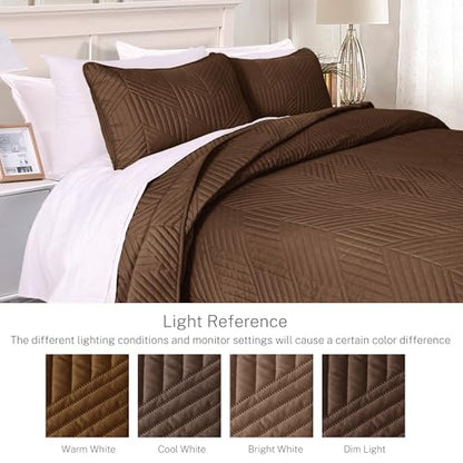 Exclusivo Mezcla Ultrasonic King Quilt Bedding Set, Brown | Lightweight Bedspreads, Soft Microfiber, Modern Geometric Coverlet, All Season Bed Cover, 1 Quilt and 2 Pillow Shams - color: Brown, size: King (104"x96")