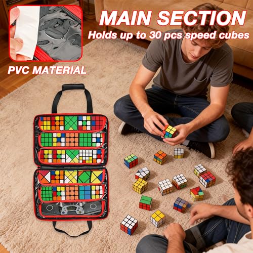 Speed Cube Case Holds 30+ Cubes and Timer with Shoulder Strap | Puzzle Cube Storage Bag with 6 Clear PVC Pockets, Front Organizer, D-Ring, Handles and Detachable Shoulder Strap, Black
