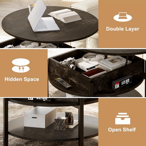 FABATO 26.77” Round Lift Top Coffee Table with Storage, Black Oak | Farmhouse Coffee Table, 2 Tier Small Round Center Table, Center Table for Living Room, Circle Dining Table - color: Black Oak