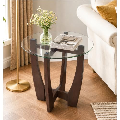 Glass End Table, 23.5" Round Side Tables with Tempered Glass Top Cross and Solid Wood Base Small Night Stand for Living Room Office Apartment Cherry - color: D-1, size: Round
