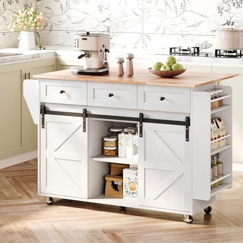 VINGLI 52" W Kitchen Island with Storage and Drop Leaf, Washed White | Farmhouse Rolling Cart with 3 Drawers, Sliding Barn Doors, Adjustable Shelves, Side Rack and Locking Wheels - color: White 2-box