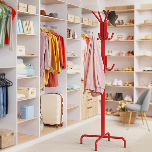 Simple Houseware Standing Coat/Hat Hanger Organizer Rack, 12 Hooks, Red | For Entryway, Bedroom, and Hallway - color: Red