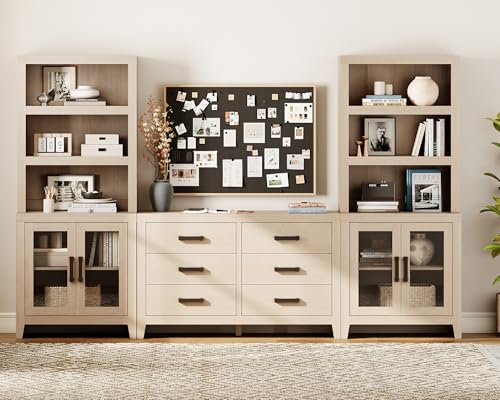WAMPAT Farmhouse Entertainment Center with Bookshelves, TV Stand Set with Glass Doors & 6 Drawers, Wood Media Console for Living Room, Bedroom, Beige - color: Beige
