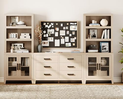 WAMPAT Farmhouse Entertainment Center with Bookshelves, TV Stand Set with Glass Doors & 6 Drawers, Wood Media Console for Living Room, Bedroom, Beige - color: Beige