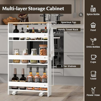 Slim Storage Cart, 4-Tier Rolling Cart with Handle & Wooden Top for Kitchen Bathroom Laundry Living Room Narrow Small Spaces, 5 Inches Width (White & Natural) - color: White & Natural